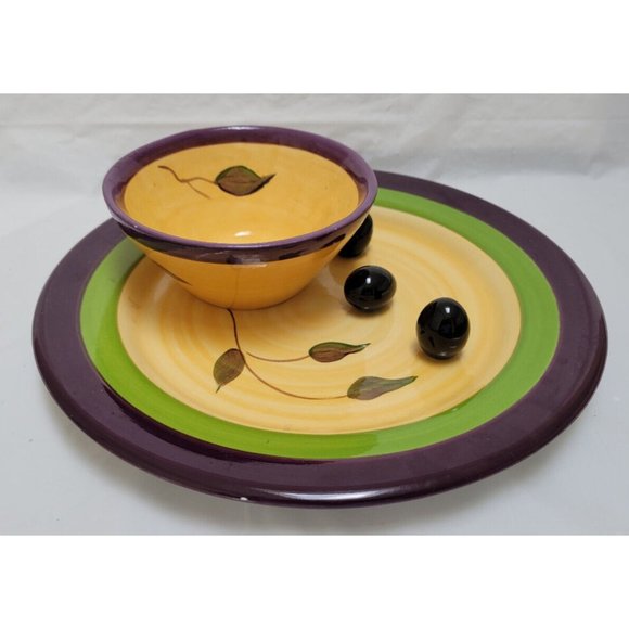 Vintage Cali Ceramic Pottery Serving Plate w/ Attached Bowl  - Olive Design - 1B - Picture 8 of 14